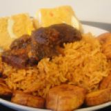 Party Jollof rice with plantain and moin-moin